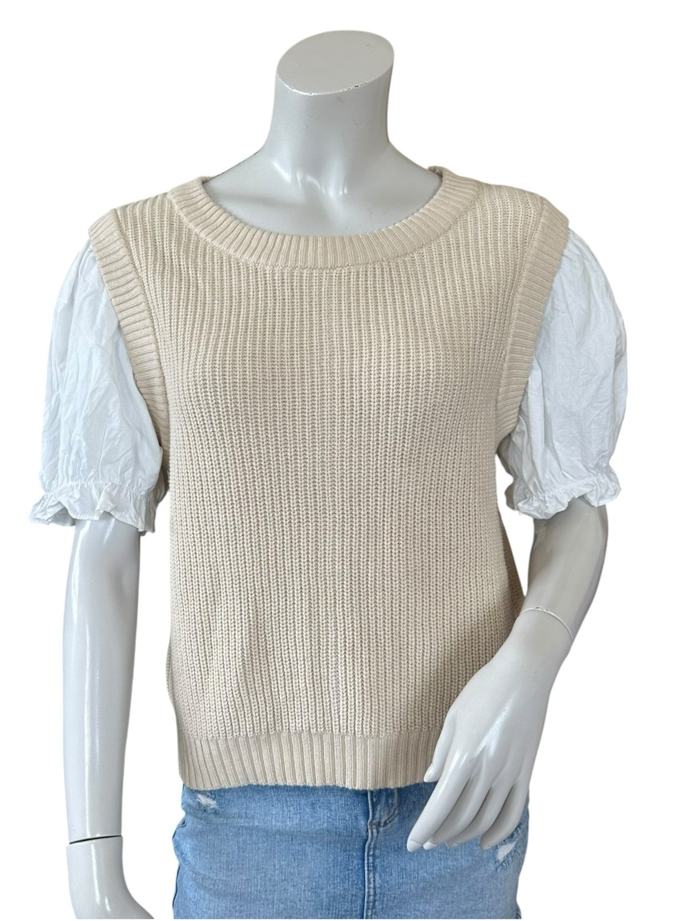 Baltic Born Faux Layered Cream Vest Puff Sleeve Taylor Blouse Size Small